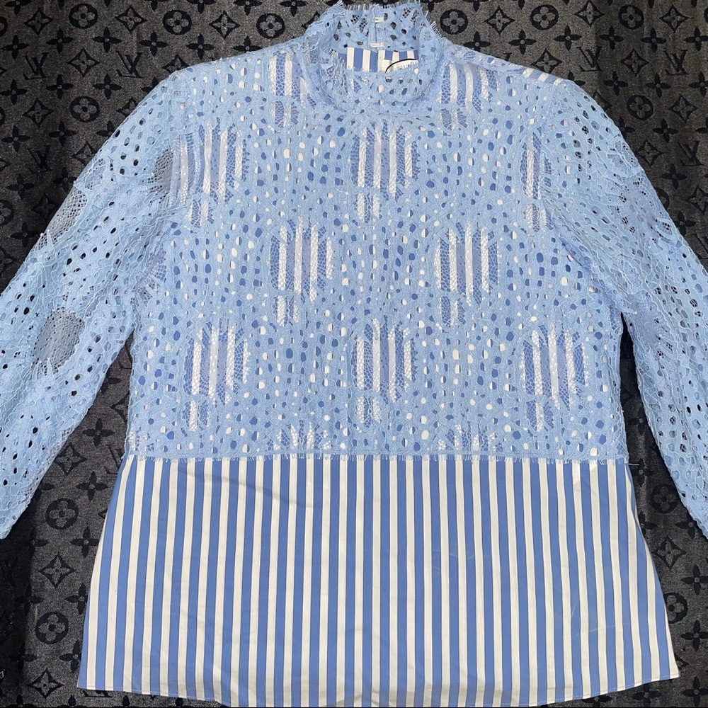 Striped  blue and white layered with lace top